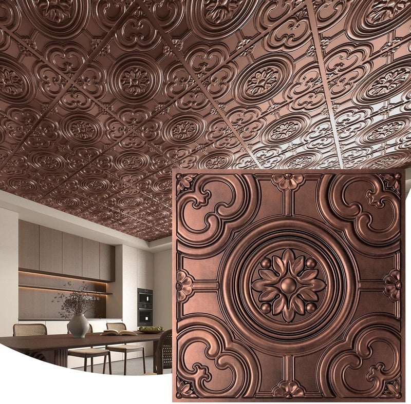 WOWSTAR 12-Pack 24"x24" Drop Ceiling Tiles, Waterproof Glue up Ceiling Panels, Antique Copper - Image 1